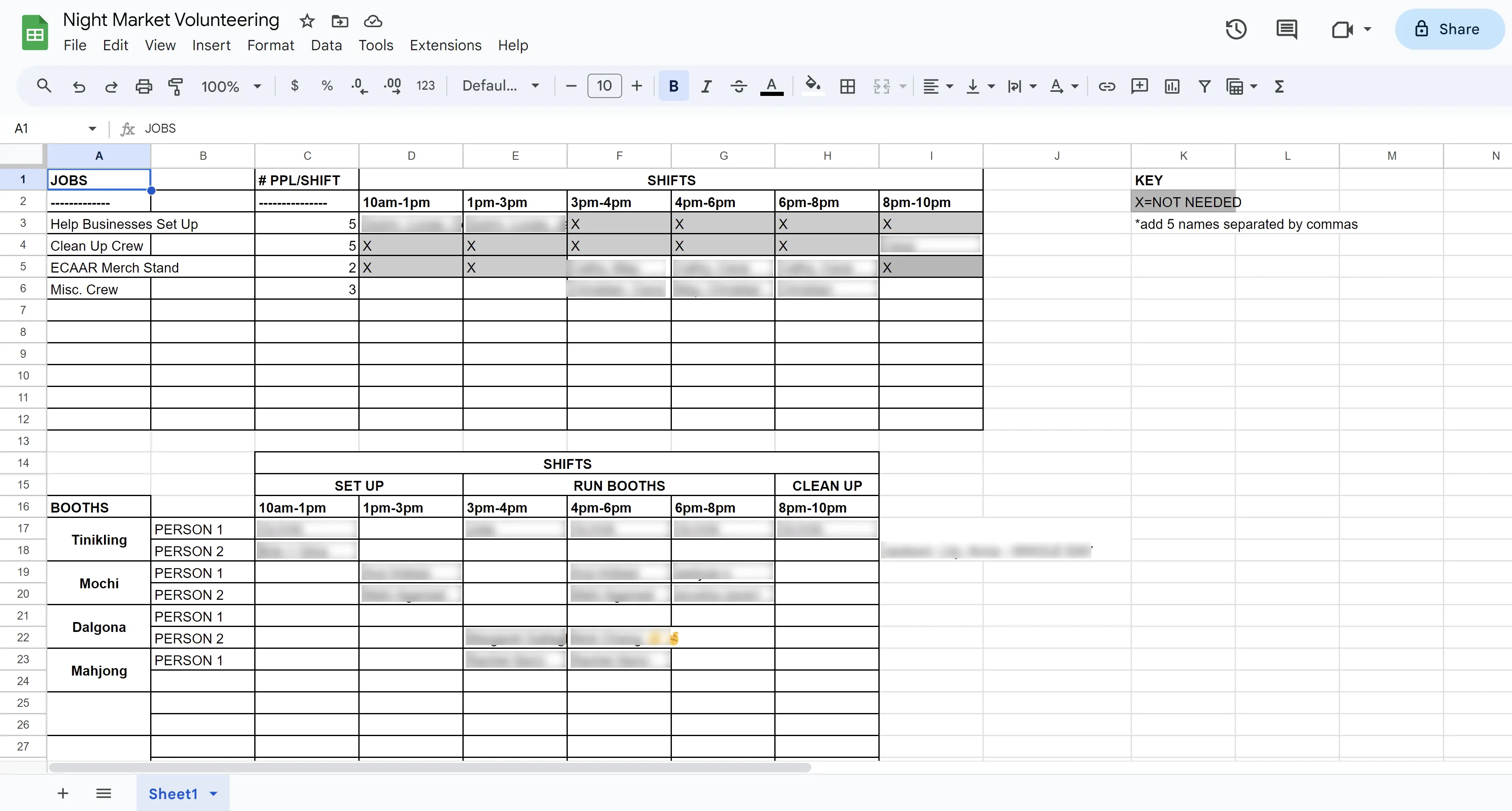 Spreadsheet with responsibilities for night market.